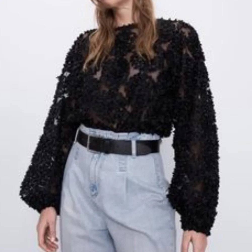Zara Black Textured Sheer Long-Sleeve Top